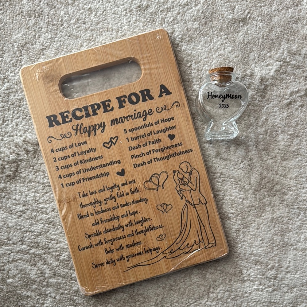 Wooden Recipe for a Happy Marriage Cutting Board & Honeymoon Jar